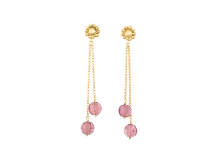 18kt gouden oorhangers met roze toermalijn kralen