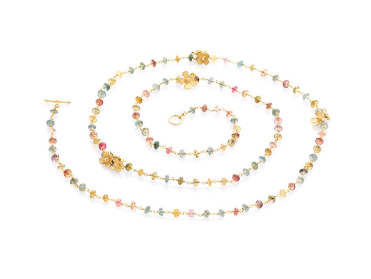 18kt gouden collier met multi-colour toermalijn kralen