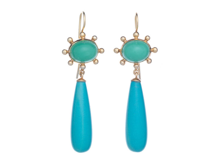 18kt gouden oorhangers met chrysopraas en pegels van turkoois