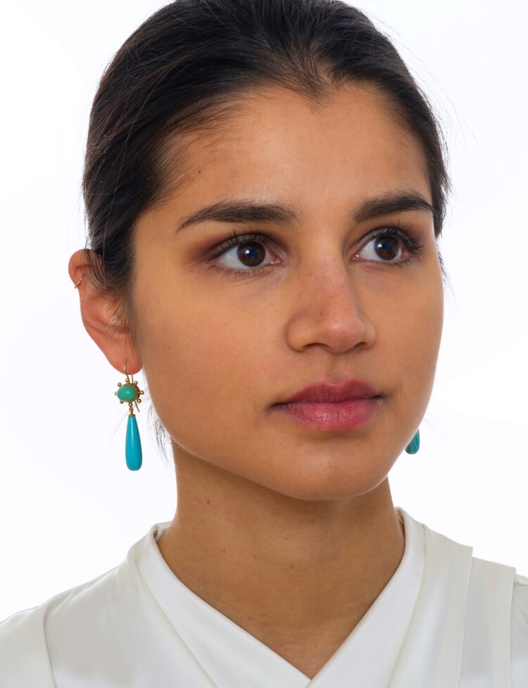 18kt gouden oorhangers met chrysopraas en pegels van turkoois - Afbeelding 3