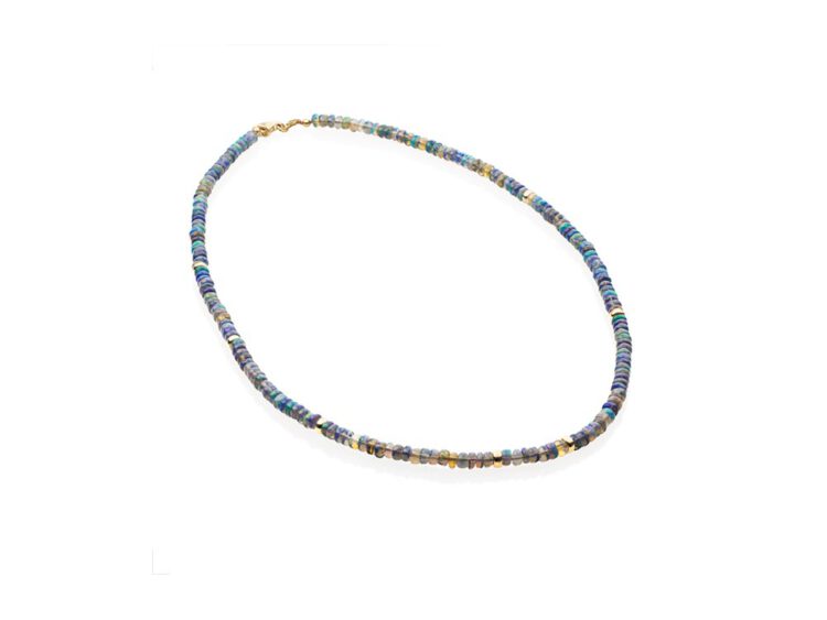 18kt gouden collier met kraaltjes van blauwe opaal en goud