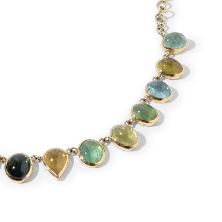 18kt gouden collier met 21 groene, gele en blauwe cabochon toermalijnen - Afbeelding 4