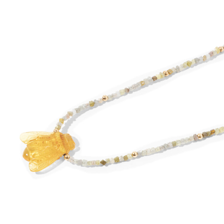 18kt gouden collier van diamanten kraaltjes en een bijtje van amber - Afbeelding 2