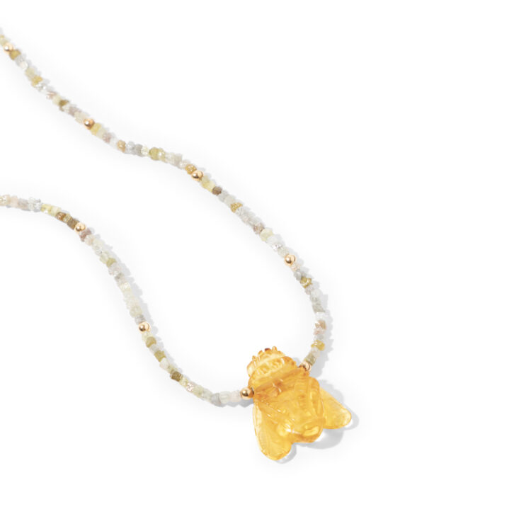 18kt gouden collier van diamanten kraaltjes en een bijtje van amber - Afbeelding 3