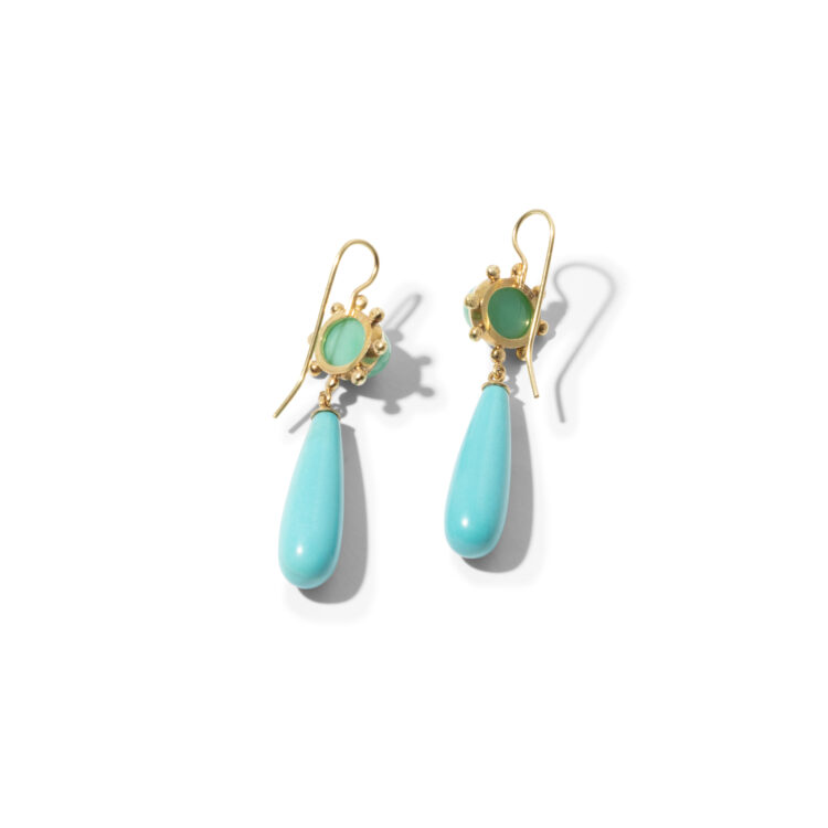 18kt gouden oorhangers met chrysopraas en pegels van turkoois - Afbeelding 2