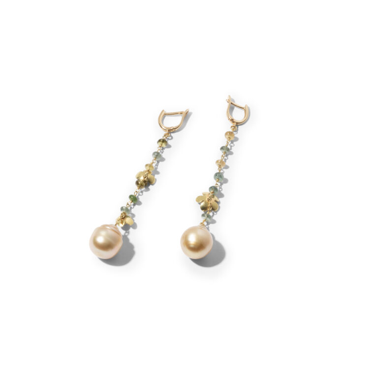18kt gouden asymmetrische oorhangers met gele Zuidzee parels en toermalijn - Afbeelding 2