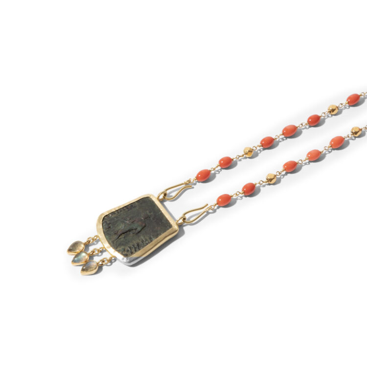 18kt gouden collier met koraal en antieke munt - Afbeelding 3
