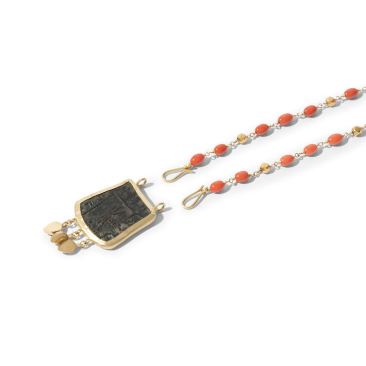 18kt gouden collier met koraal en antieke munt - Afbeelding 2