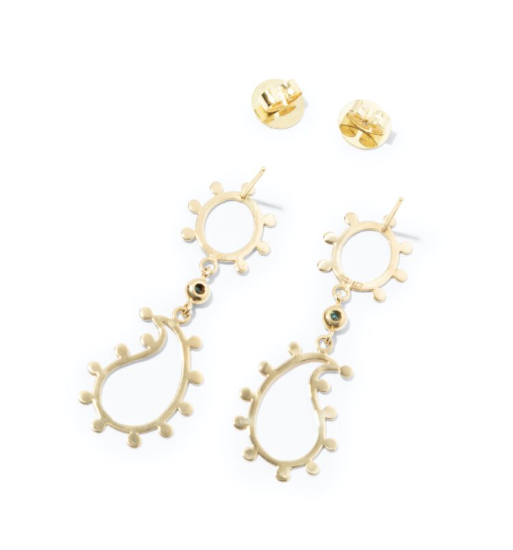 18kt gouden oorhangers in paisley motief met blauwe diamant - Afbeelding 2